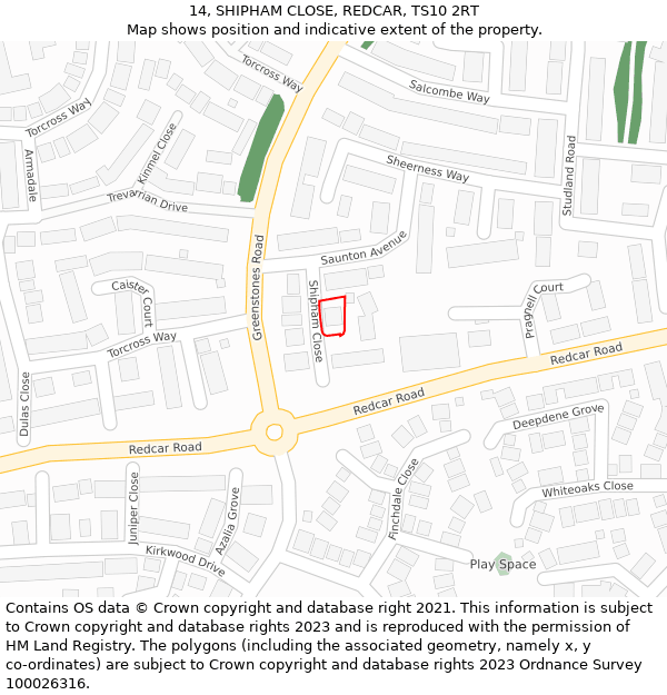 14, SHIPHAM CLOSE, REDCAR, TS10 2RT: Location map and indicative extent of plot