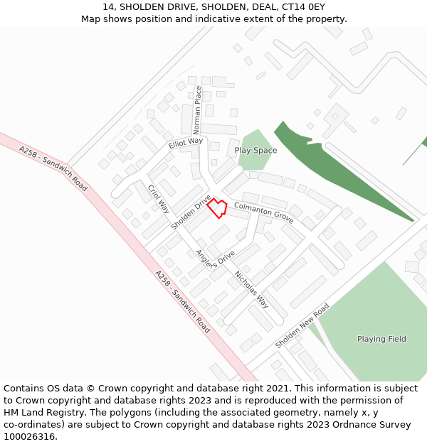 14, SHOLDEN DRIVE, SHOLDEN, DEAL, CT14 0EY: Location map and indicative extent of plot