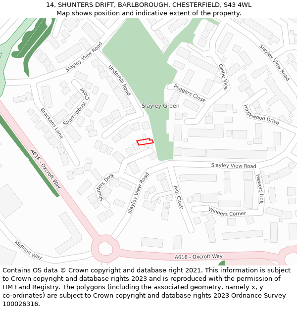 14, SHUNTERS DRIFT, BARLBOROUGH, CHESTERFIELD, S43 4WL: Location map and indicative extent of plot