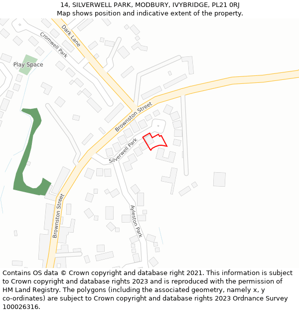 14, SILVERWELL PARK, MODBURY, IVYBRIDGE, PL21 0RJ: Location map and indicative extent of plot