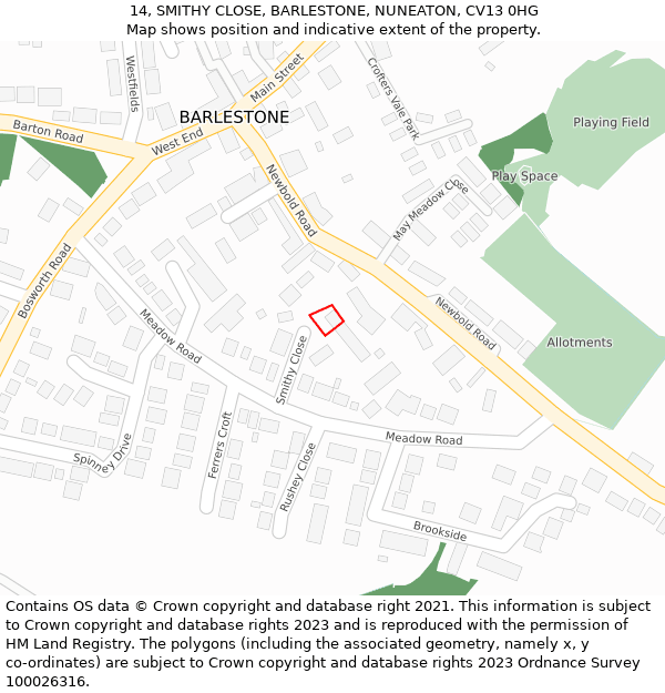14, SMITHY CLOSE, BARLESTONE, NUNEATON, CV13 0HG: Location map and indicative extent of plot