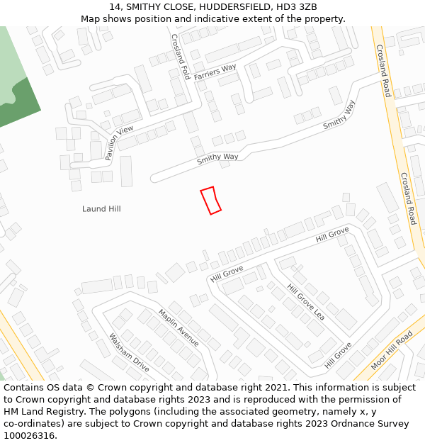 14, SMITHY CLOSE, HUDDERSFIELD, HD3 3ZB: Location map and indicative extent of plot