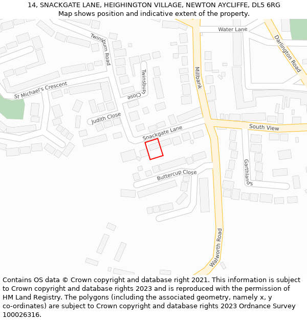 14, SNACKGATE LANE, HEIGHINGTON VILLAGE, NEWTON AYCLIFFE, DL5 6RG: Location map and indicative extent of plot