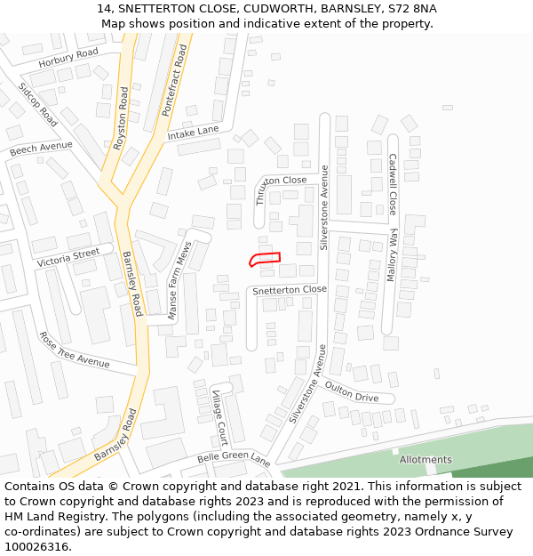 14, SNETTERTON CLOSE, CUDWORTH, BARNSLEY, S72 8NA: Location map and indicative extent of plot