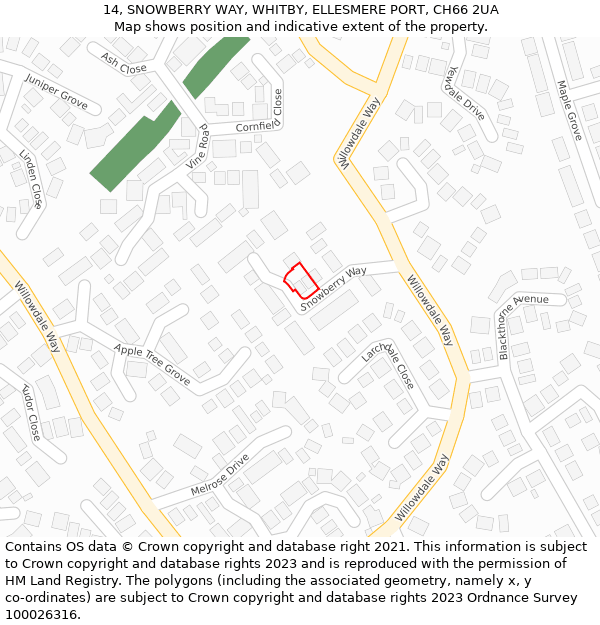 14, SNOWBERRY WAY, WHITBY, ELLESMERE PORT, CH66 2UA: Location map and indicative extent of plot