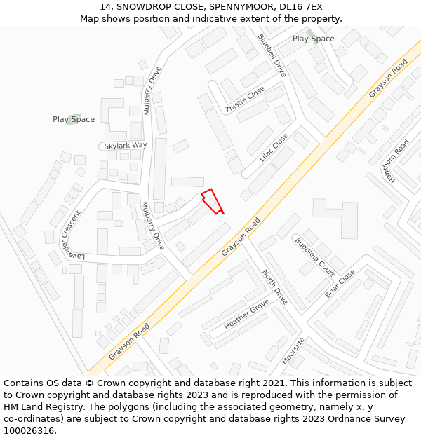 14, SNOWDROP CLOSE, SPENNYMOOR, DL16 7EX: Location map and indicative extent of plot