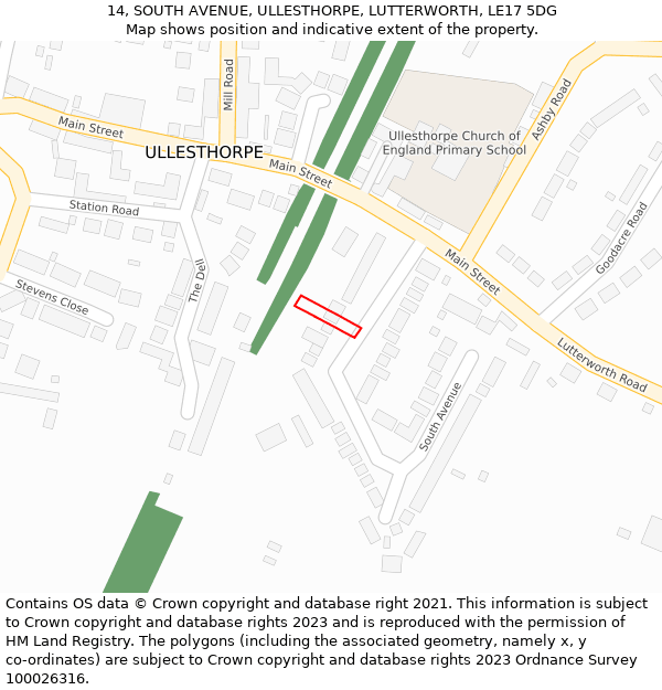 14, SOUTH AVENUE, ULLESTHORPE, LUTTERWORTH, LE17 5DG: Location map and indicative extent of plot