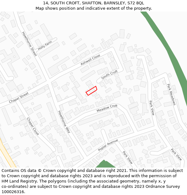 14, SOUTH CROFT, SHAFTON, BARNSLEY, S72 8QL: Location map and indicative extent of plot