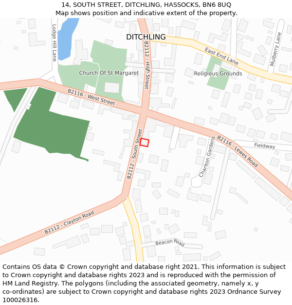 14, SOUTH STREET, DITCHLING, HASSOCKS, BN6 8UQ: Location map and indicative extent of plot