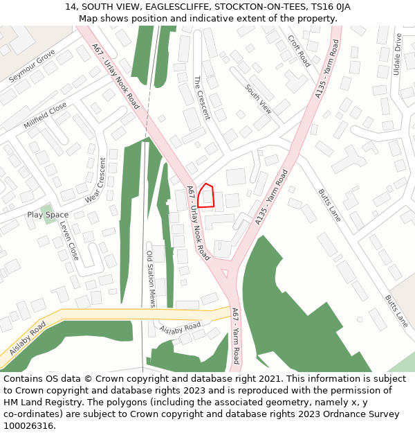 14, SOUTH VIEW, EAGLESCLIFFE, STOCKTON-ON-TEES, TS16 0JA: Location map and indicative extent of plot