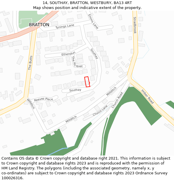 14, SOUTHAY, BRATTON, WESTBURY, BA13 4RT: Location map and indicative extent of plot