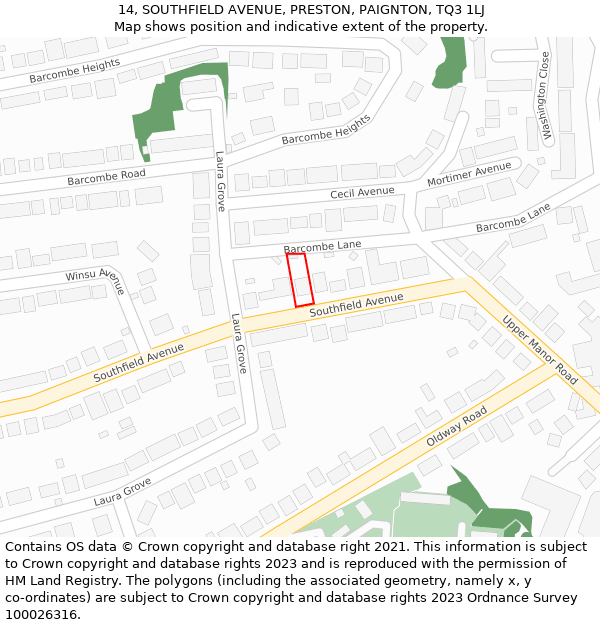 14, SOUTHFIELD AVENUE, PRESTON, PAIGNTON, TQ3 1LJ: Location map and indicative extent of plot