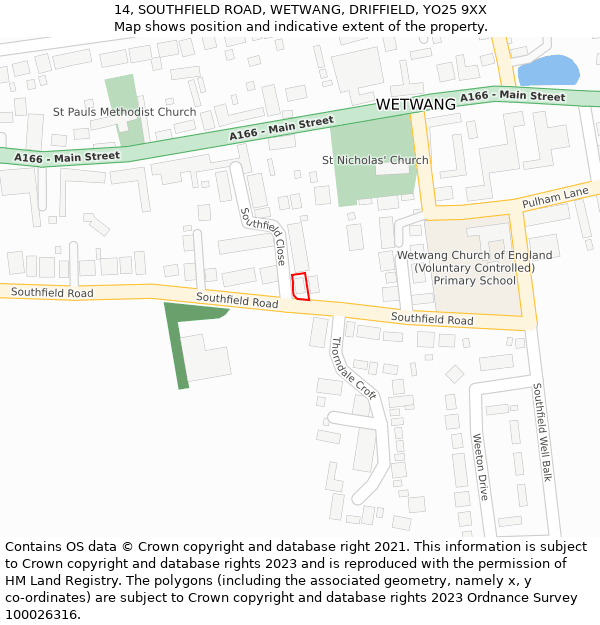 14, SOUTHFIELD ROAD, WETWANG, DRIFFIELD, YO25 9XX: Location map and indicative extent of plot