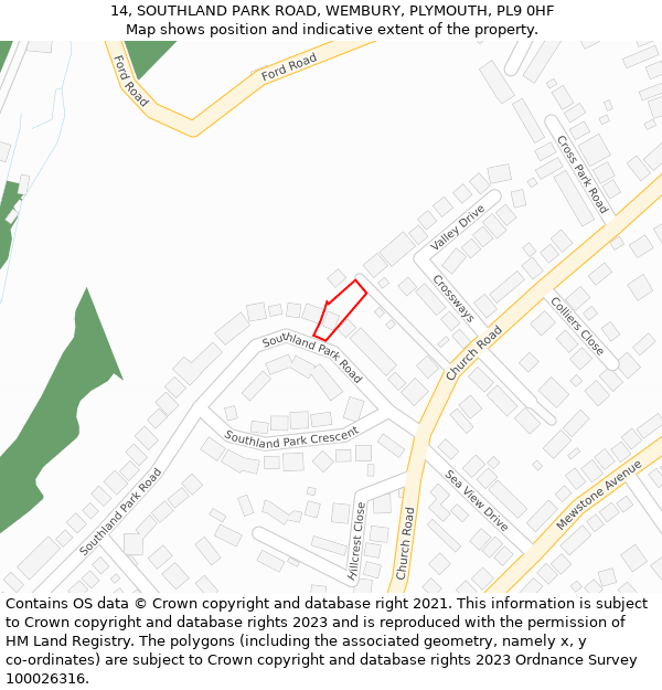 14, SOUTHLAND PARK ROAD, WEMBURY, PLYMOUTH, PL9 0HF: Location map and indicative extent of plot