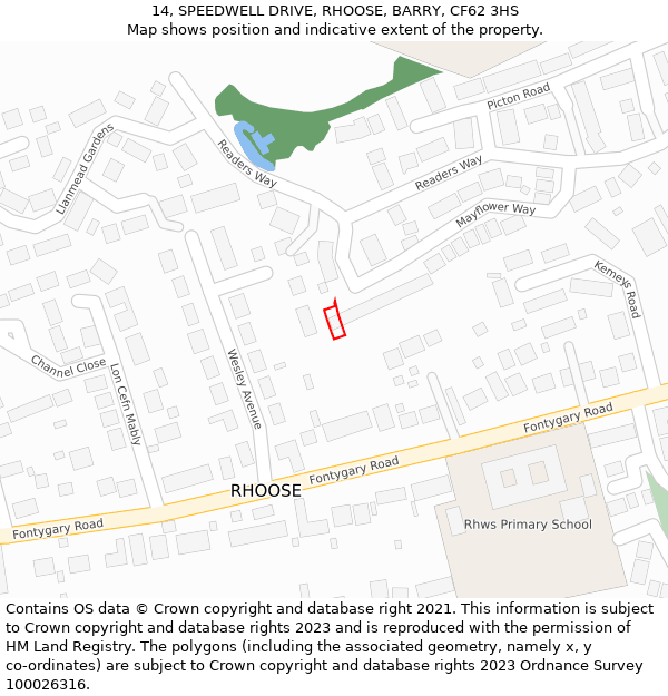 14, SPEEDWELL DRIVE, RHOOSE, BARRY, CF62 3HS: Location map and indicative extent of plot