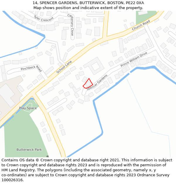 14, SPENCER GARDENS, BUTTERWICK, BOSTON, PE22 0XA: Location map and indicative extent of plot