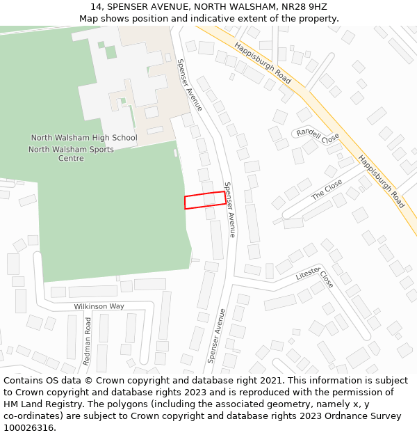 14, SPENSER AVENUE, NORTH WALSHAM, NR28 9HZ: Location map and indicative extent of plot