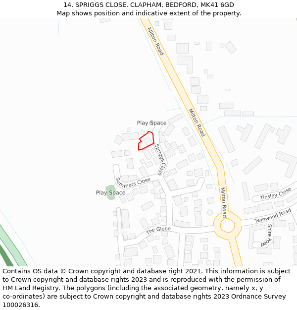 14, SPRIGGS CLOSE, CLAPHAM, BEDFORD, MK41 6GD: Location map and indicative extent of plot