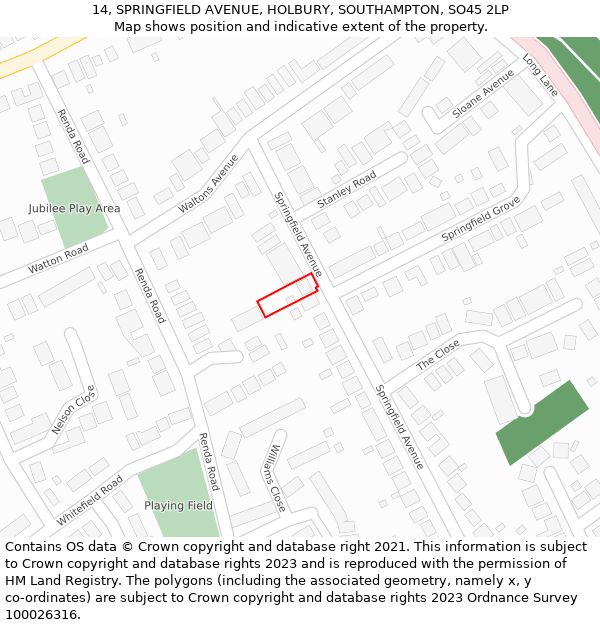 14, SPRINGFIELD AVENUE, HOLBURY, SOUTHAMPTON, SO45 2LP: Location map and indicative extent of plot