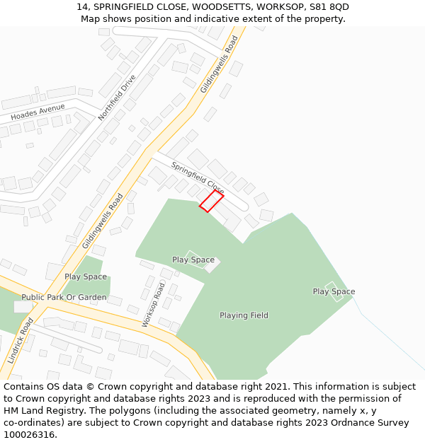 14, SPRINGFIELD CLOSE, WOODSETTS, WORKSOP, S81 8QD: Location map and indicative extent of plot