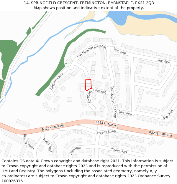 14, SPRINGFIELD CRESCENT, FREMINGTON, BARNSTAPLE, EX31 2QB: Location map and indicative extent of plot