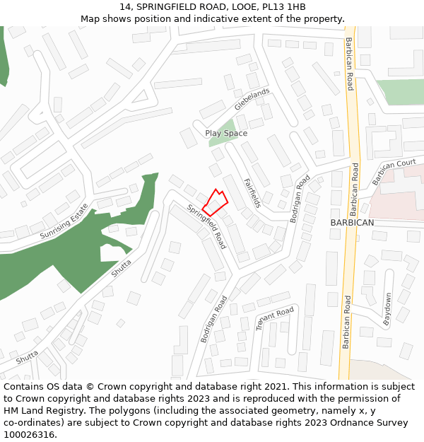 14, SPRINGFIELD ROAD, LOOE, PL13 1HB: Location map and indicative extent of plot