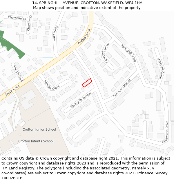 14, SPRINGHILL AVENUE, CROFTON, WAKEFIELD, WF4 1HA: Location map and indicative extent of plot