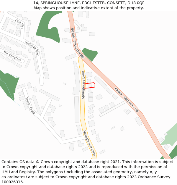 14, SPRINGHOUSE LANE, EBCHESTER, CONSETT, DH8 0QF: Location map and indicative extent of plot