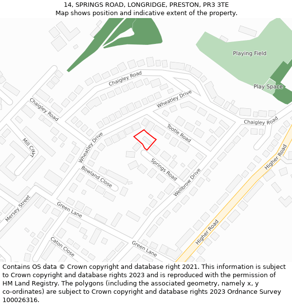 14, SPRINGS ROAD, LONGRIDGE, PRESTON, PR3 3TE: Location map and indicative extent of plot