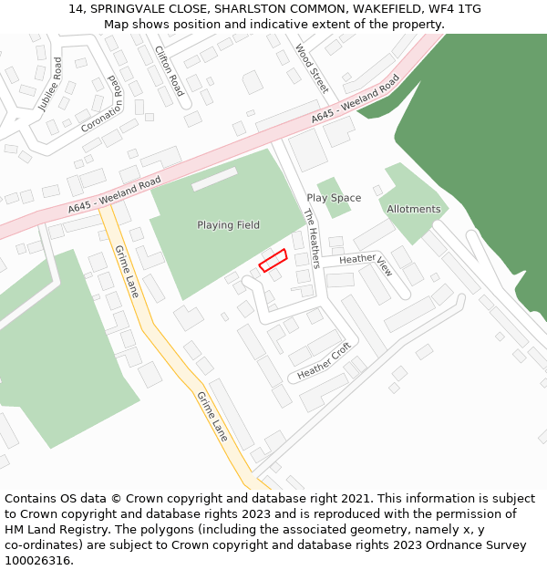 14, SPRINGVALE CLOSE, SHARLSTON COMMON, WAKEFIELD, WF4 1TG: Location map and indicative extent of plot