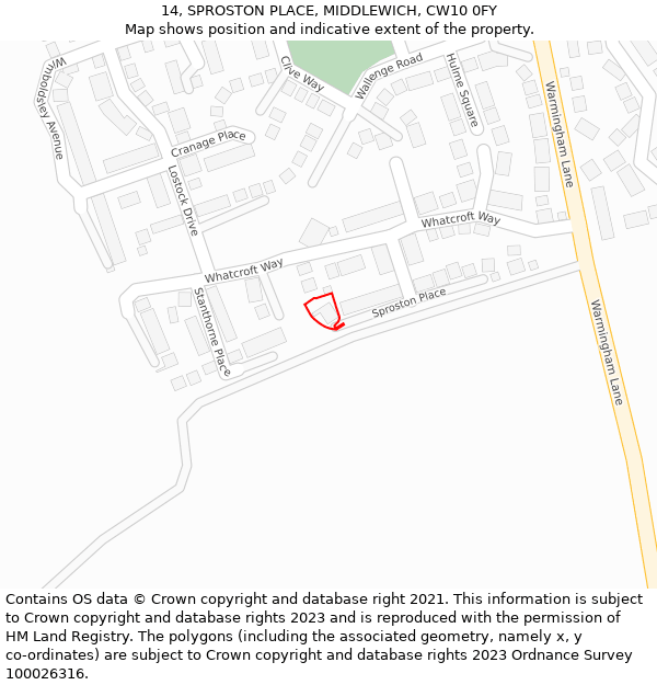 14, SPROSTON PLACE, MIDDLEWICH, CW10 0FY: Location map and indicative extent of plot