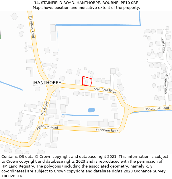 14, STAINFIELD ROAD, HANTHORPE, BOURNE, PE10 0RE: Location map and indicative extent of plot