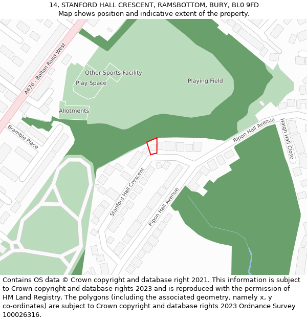 14, STANFORD HALL CRESCENT, RAMSBOTTOM, BURY, BL0 9FD: Location map and indicative extent of plot
