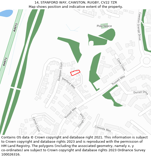 14, STANFORD WAY, CAWSTON, RUGBY, CV22 7ZR: Location map and indicative extent of plot