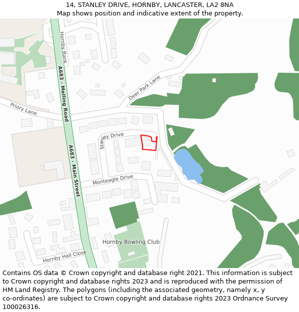 14, STANLEY DRIVE, HORNBY, LANCASTER, LA2 8NA: Location map and indicative extent of plot