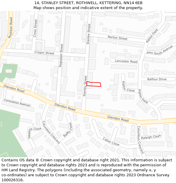 14, STANLEY STREET, ROTHWELL, KETTERING, NN14 6EB: Location map and indicative extent of plot