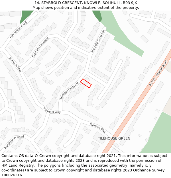 14, STARBOLD CRESCENT, KNOWLE, SOLIHULL, B93 9JX: Location map and indicative extent of plot