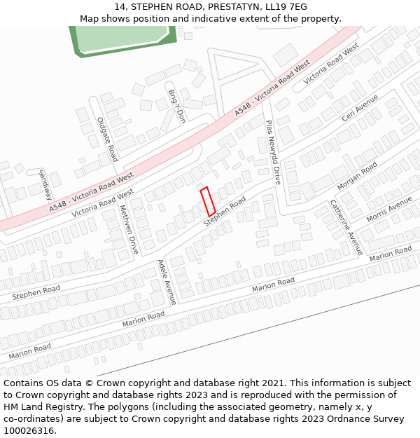 14, STEPHEN ROAD, PRESTATYN, LL19 7EG: Location map and indicative extent of plot