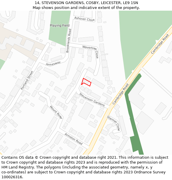 14, STEVENSON GARDENS, COSBY, LEICESTER, LE9 1SN: Location map and indicative extent of plot