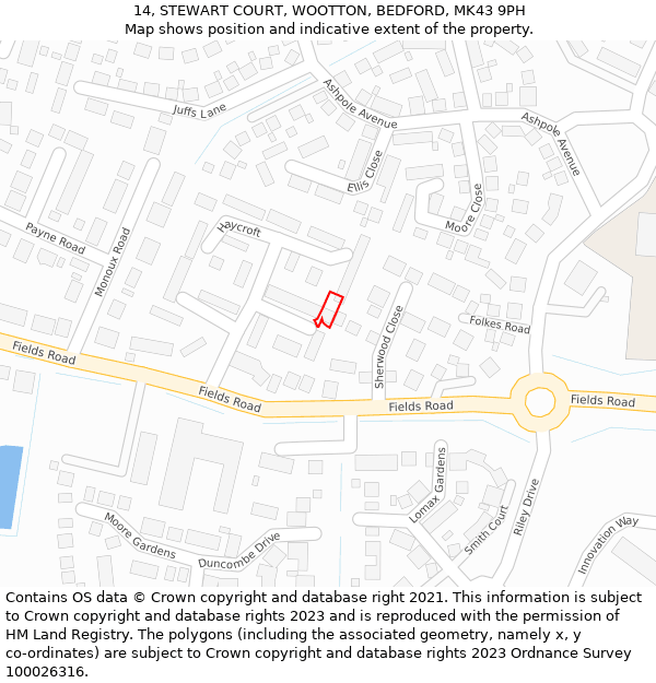 14, STEWART COURT, WOOTTON, BEDFORD, MK43 9PH: Location map and indicative extent of plot