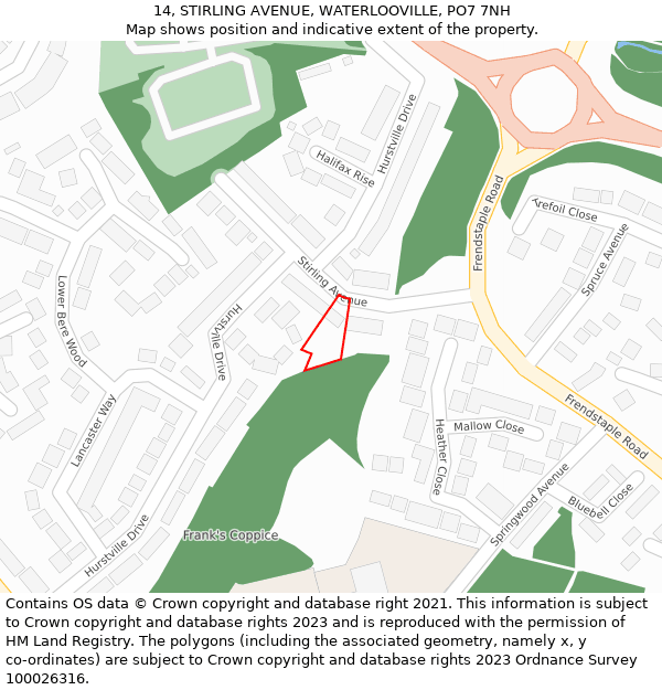 14, STIRLING AVENUE, WATERLOOVILLE, PO7 7NH: Location map and indicative extent of plot