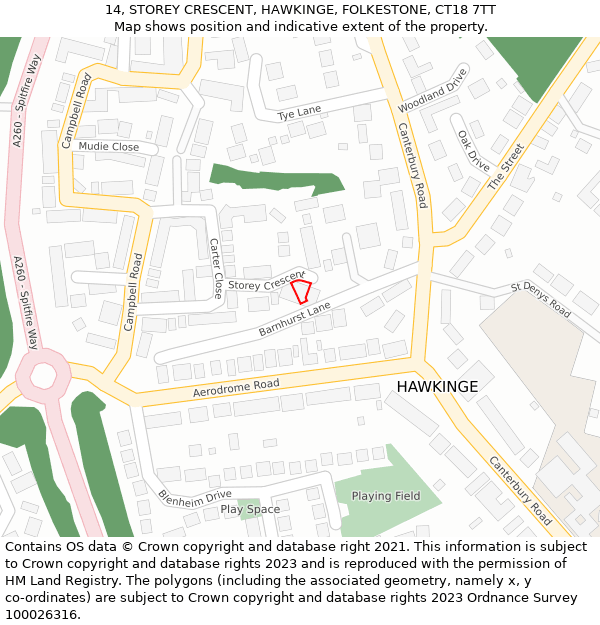 14, STOREY CRESCENT, HAWKINGE, FOLKESTONE, CT18 7TT: Location map and indicative extent of plot