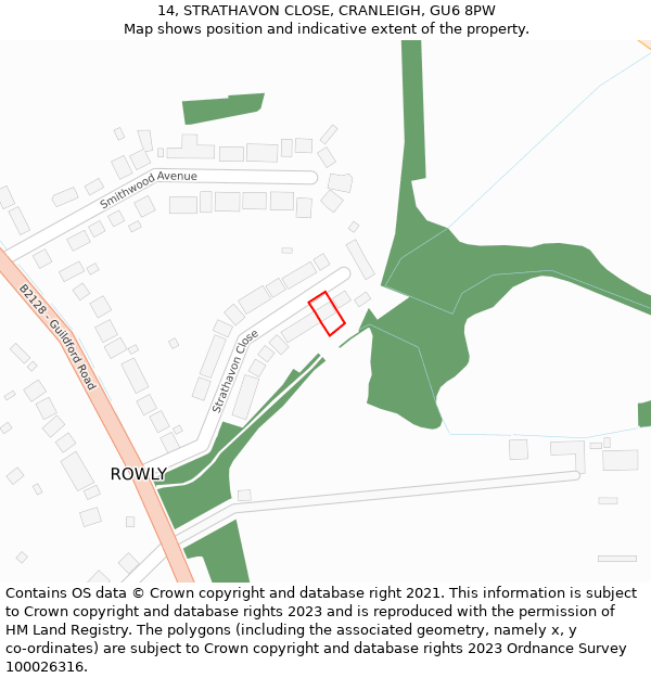 14, STRATHAVON CLOSE, CRANLEIGH, GU6 8PW: Location map and indicative extent of plot