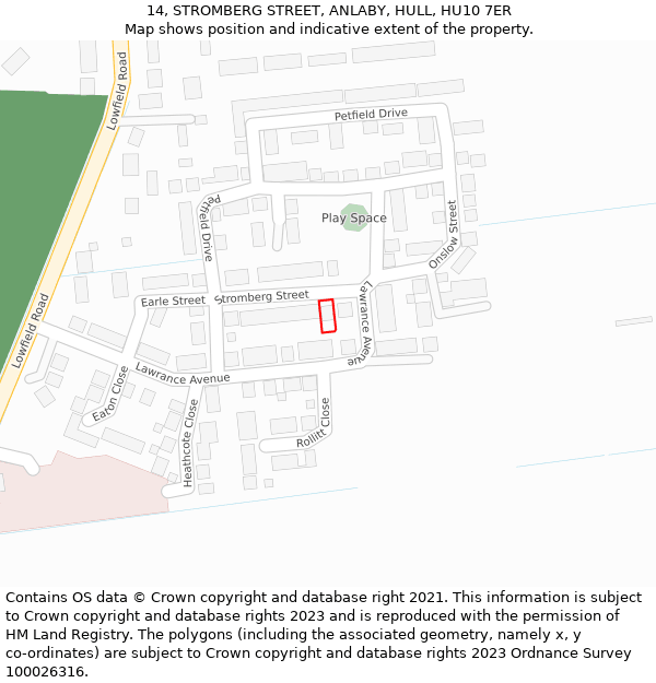 14, STROMBERG STREET, ANLABY, HULL, HU10 7ER: Location map and indicative extent of plot