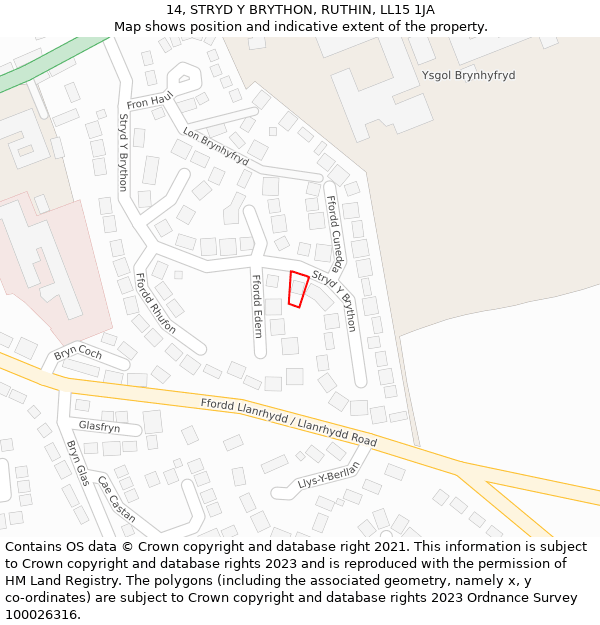 14, STRYD Y BRYTHON, RUTHIN, LL15 1JA: Location map and indicative extent of plot