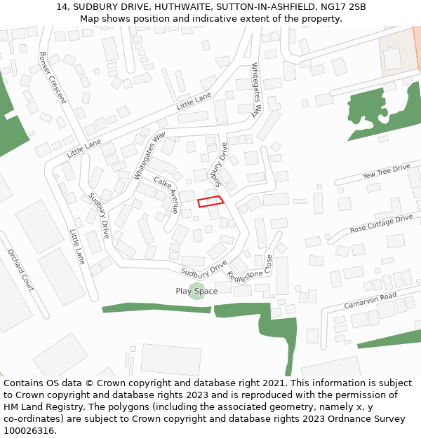 14, SUDBURY DRIVE, HUTHWAITE, SUTTON-IN-ASHFIELD, NG17 2SB: Location map and indicative extent of plot