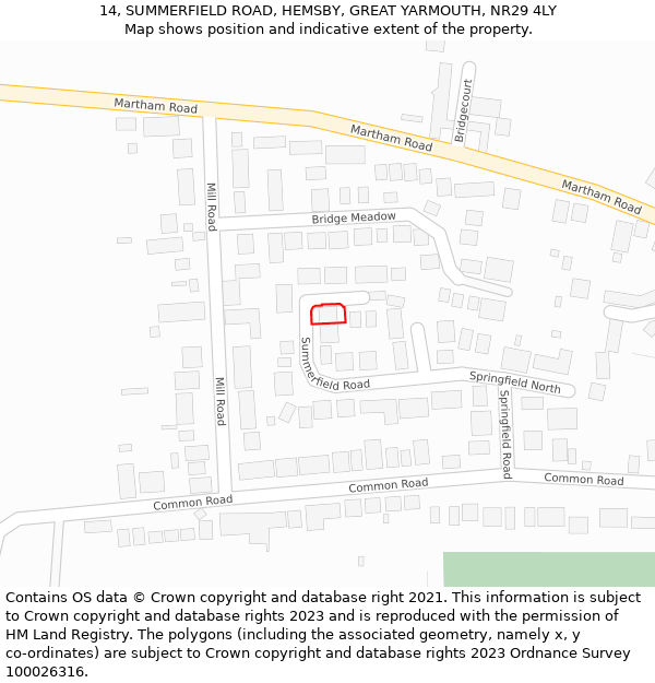 14, SUMMERFIELD ROAD, HEMSBY, GREAT YARMOUTH, NR29 4LY: Location map and indicative extent of plot