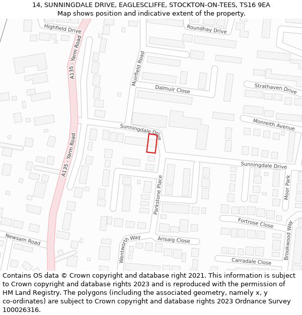 14, SUNNINGDALE DRIVE, EAGLESCLIFFE, STOCKTON-ON-TEES, TS16 9EA: Location map and indicative extent of plot