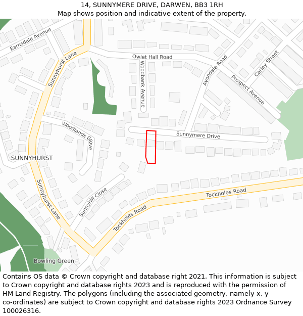 14, SUNNYMERE DRIVE, DARWEN, BB3 1RH: Location map and indicative extent of plot