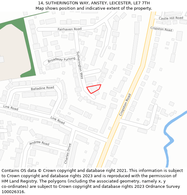 14, SUTHERINGTON WAY, ANSTEY, LEICESTER, LE7 7TH: Location map and indicative extent of plot